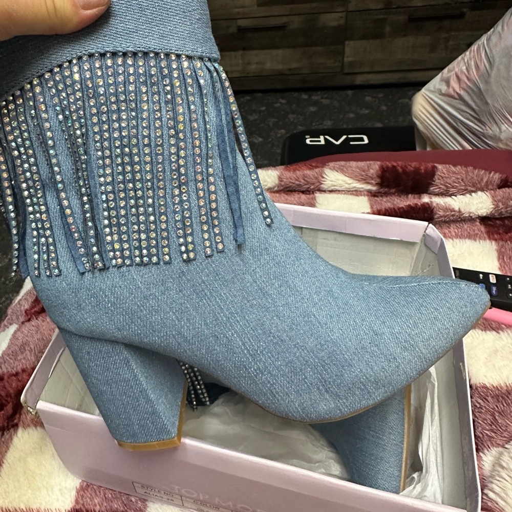 Denim Rhinestone Fringe Ankle Boots